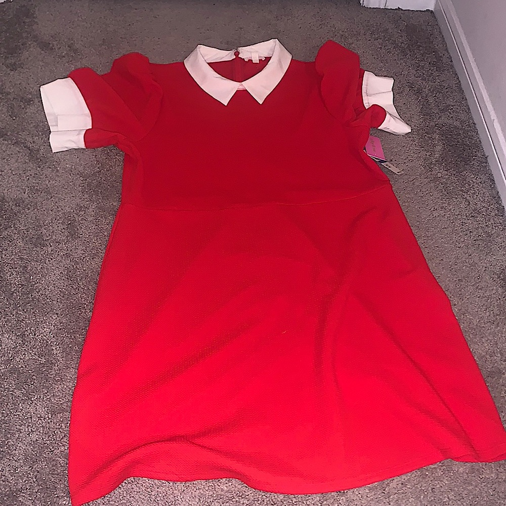 Red collared dress with puffy sleeves